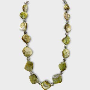 Green Mother of Pearl Necklace Silver Pearl Spacers Gold-Tone Clasp